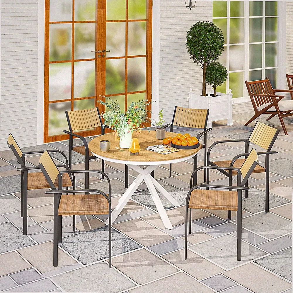 Outsunny Gartentisch Ø118cm, Wetterfest Balkontisch aus Aluminium Lattendesign
