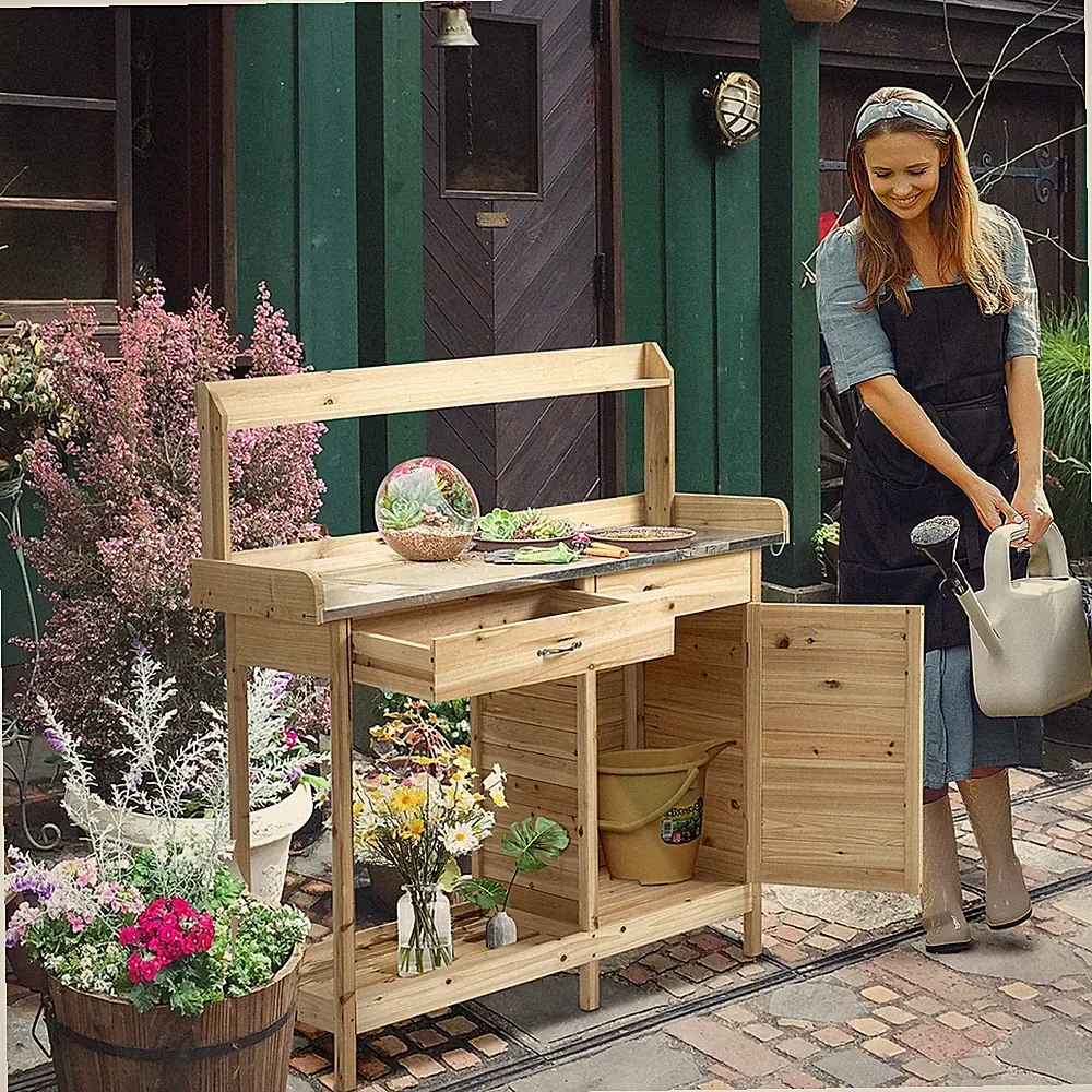 Outsunny Pflanztisch mit verzinkter Arbeitsplatte Schublade Gärtnertisch Holz