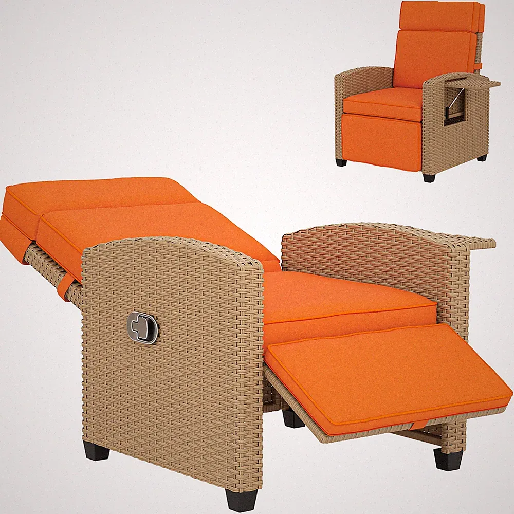 Outsunny Rattan Gartenliege Sonnenliege mit Klapptisch, Khaki/Orange