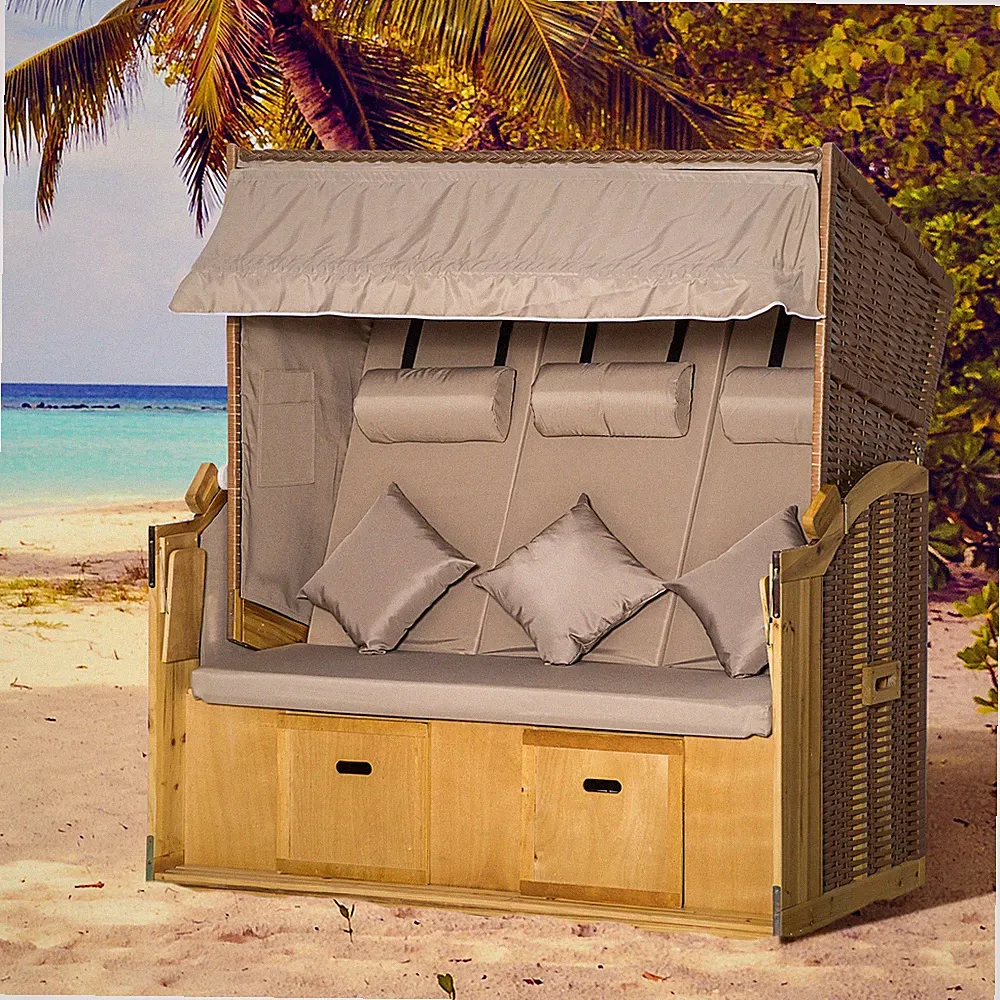 Outsunny Strandkorb 3-Sitzer Sonnenliege mit Dach Klapptischen Polyrattan Natur