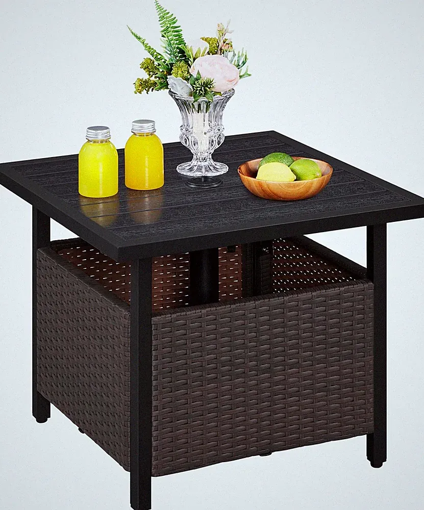 PE Rattan Couchtisch mit Schirmloch, braun & schwarz | Terrasse Beistell Eckig Wic