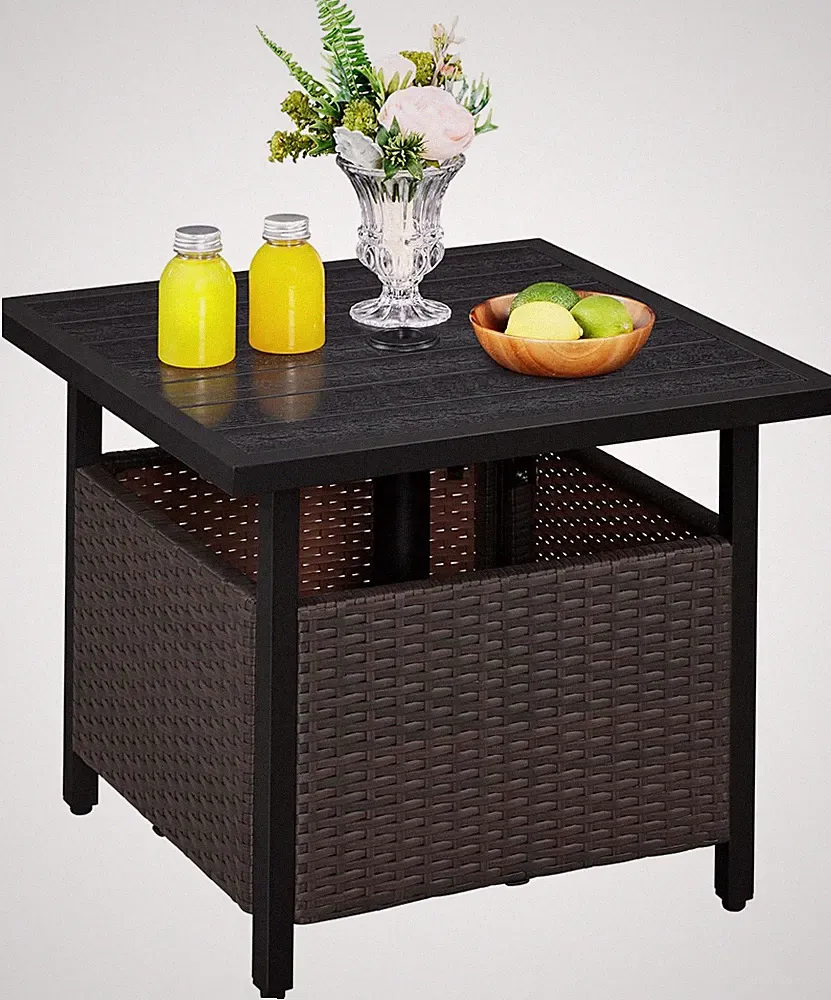 PE Rattan Couchtisch mit Schirmloch, braun & schwarz | Terrasse Beistell Eckig Wic