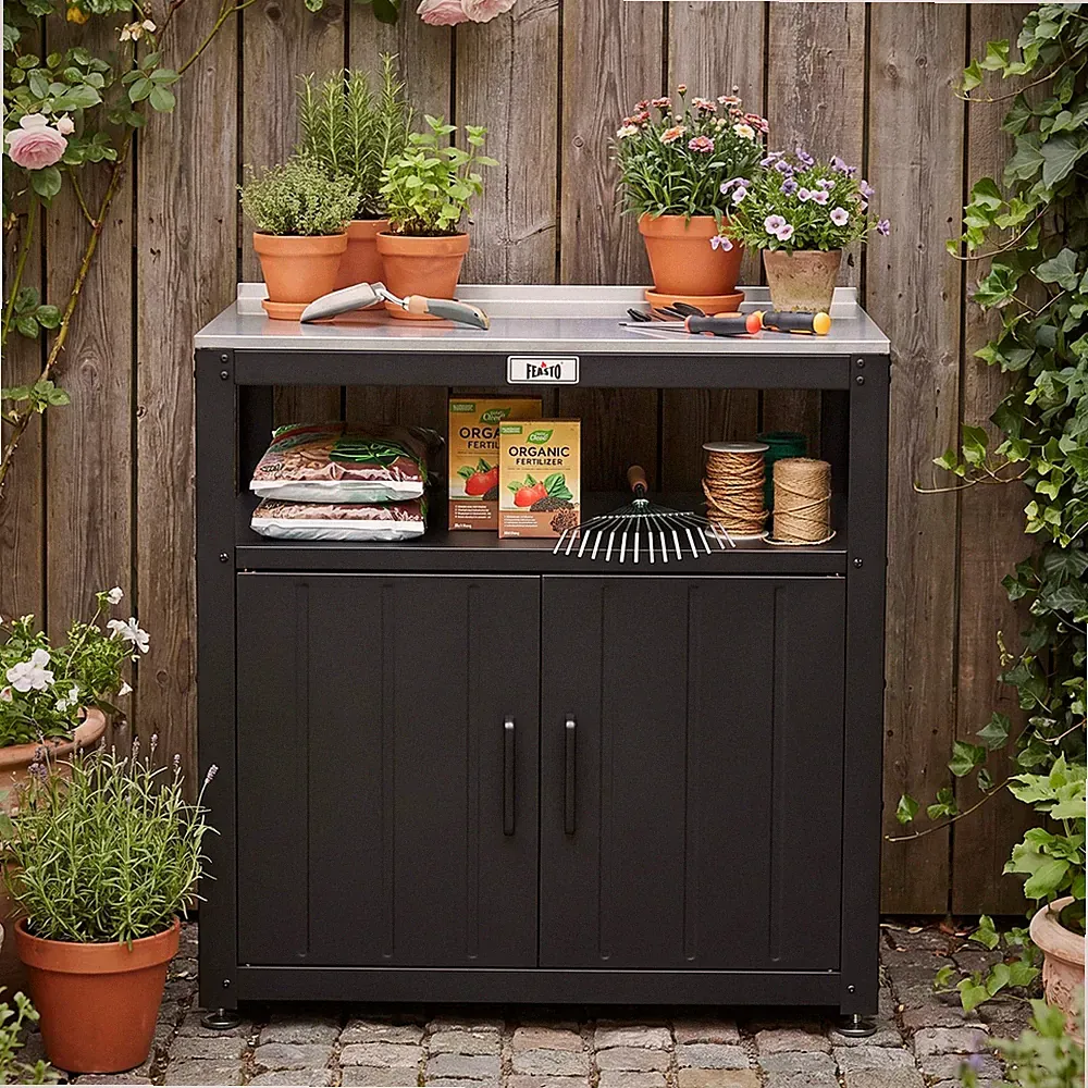 Pflanztisch Gartenschrank wetterfest outdoor mit Edelstahl - Arbeitsplatte