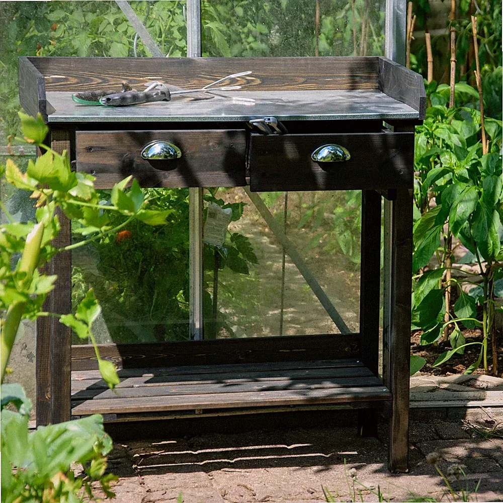 Pflanztisch mit Schubladen Gartentisch aus Holz Gärtnertisch mit Ablage Schwarz