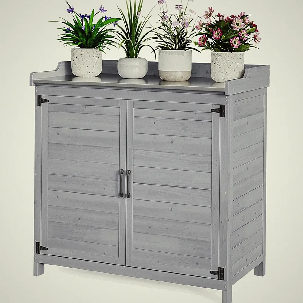 Pflanztisch mit Unterschrank Gartentisch Arbeitsplatte Garten Holz Grau 95cm