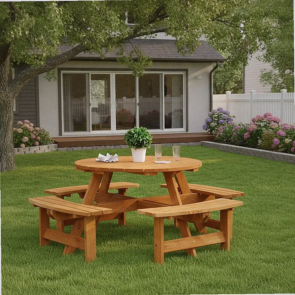 Picknicktisch Kiefer Holz rund 8 Sitzer rustikal braun Garten Kneipe Terrasse