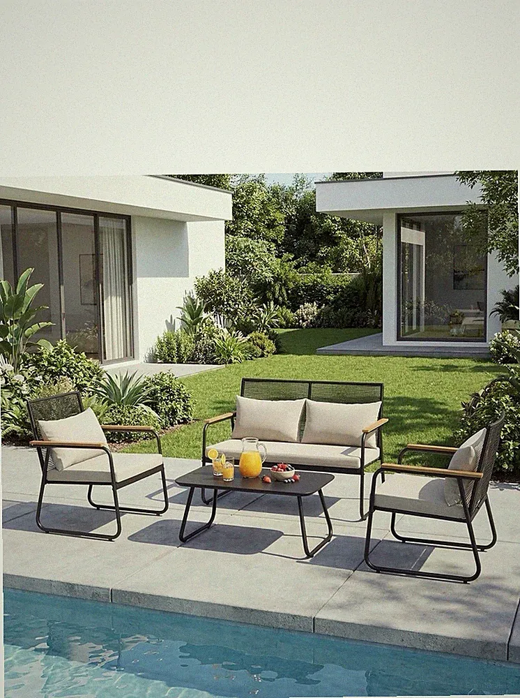 Polyrattan Gartenmöbel Set 3-4 Personen, Gartensofa Set mit Tisch & Kissen.