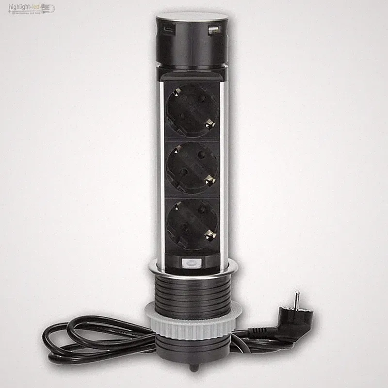 PopUp Schreibtisch-Einbau-Steckdose 3-fach, versenkbare Steckdosen-Leiste USB-C