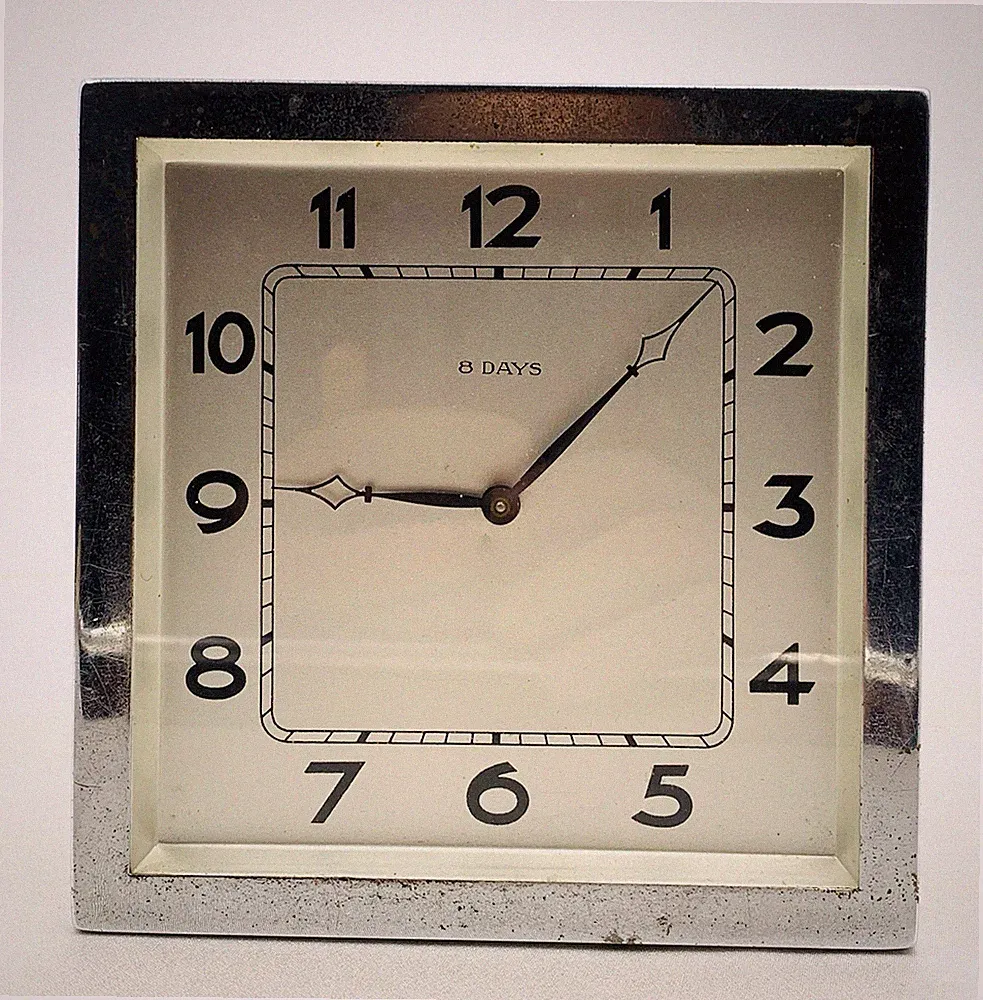 RARE Art Deco Tischuhr 8 Days Chrom Handaufzug Bauhaus Stil 1930s funktioniert