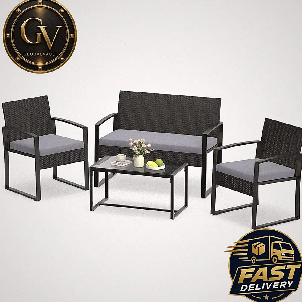 Rattan Balkon-Sitzgruppe 4-tlg. Lounge Set 2 Sessel Sofa Tisch Kissen Garten