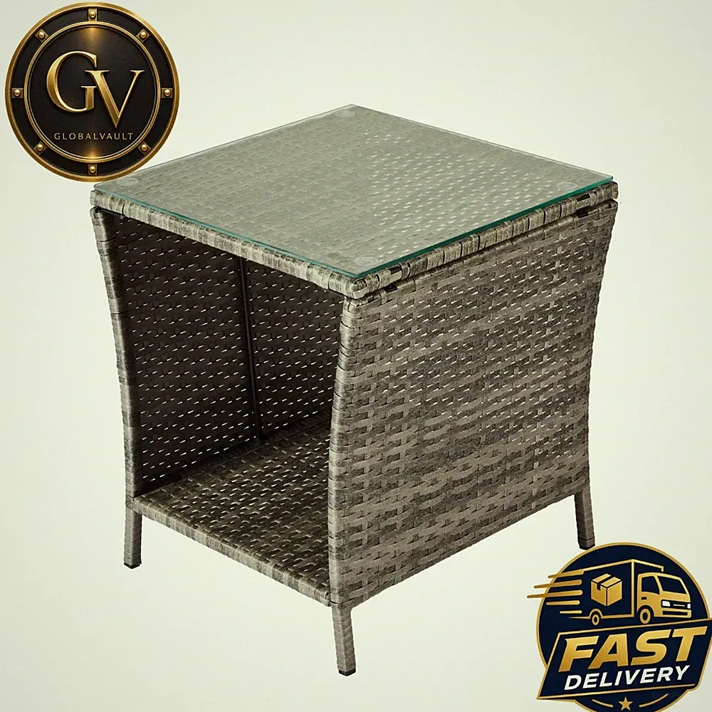 Rattan Beistelltisch Glas Grau 46x46x50cm Balkontisch Gartentisch wetterfest