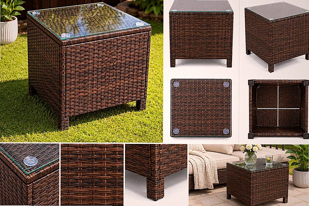Rattan quadratischer Hochtisch 64x64x65cm gemischt braun PE Geflecht Garten Terrasse Glasplatte