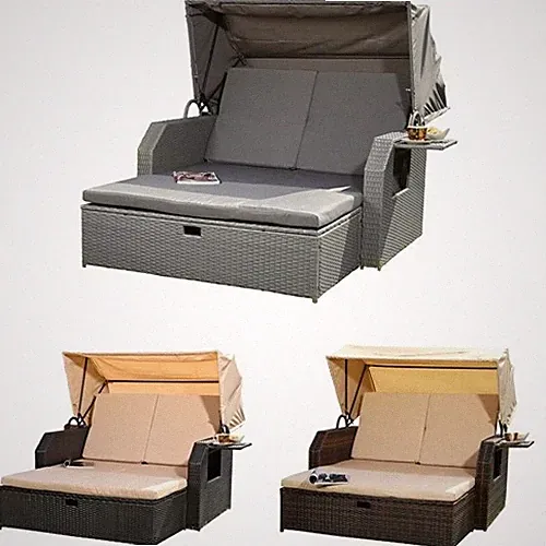 Rattan Sonnenbett + Dach Rattan Strandkorb Sonnenliege Liegebett Relaxliege Grau