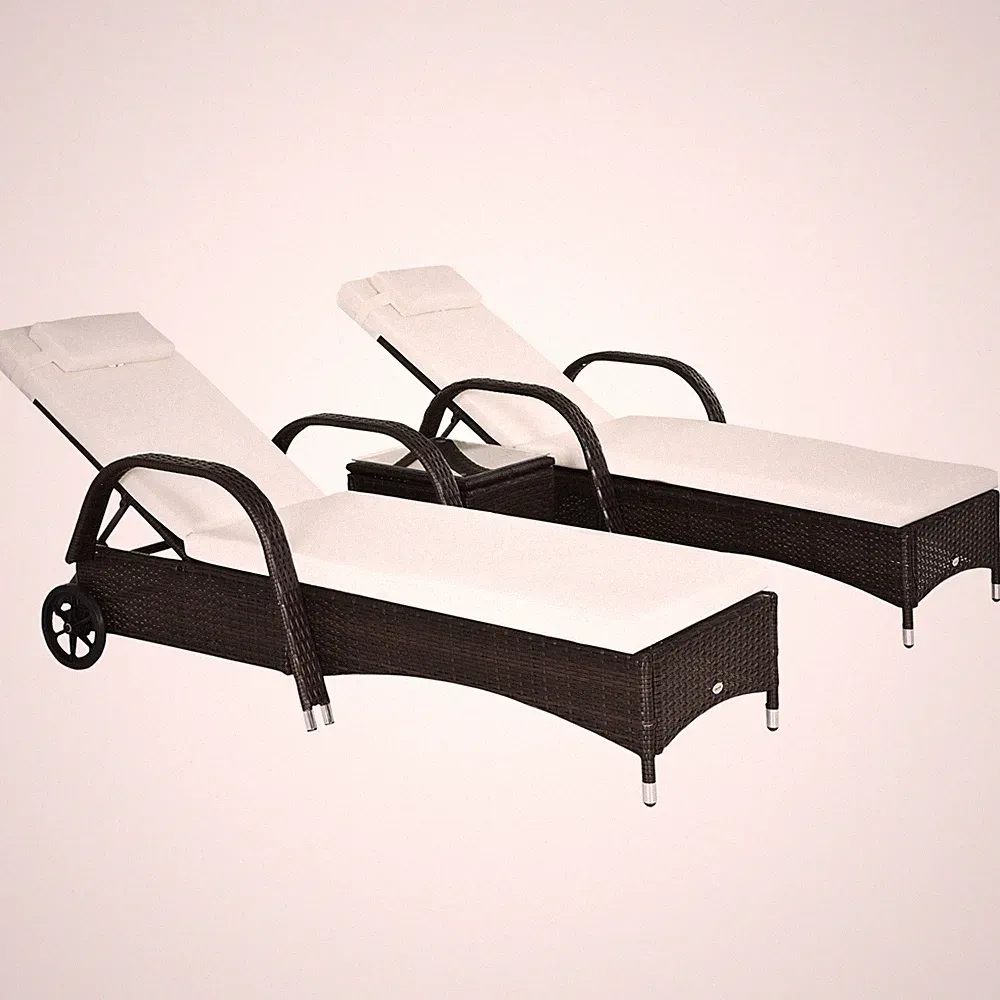 Rattan Sonnenliegen 2er Set mit Beistelltisch, 3-teiliges Gartenmöbel-Set, Anzeige