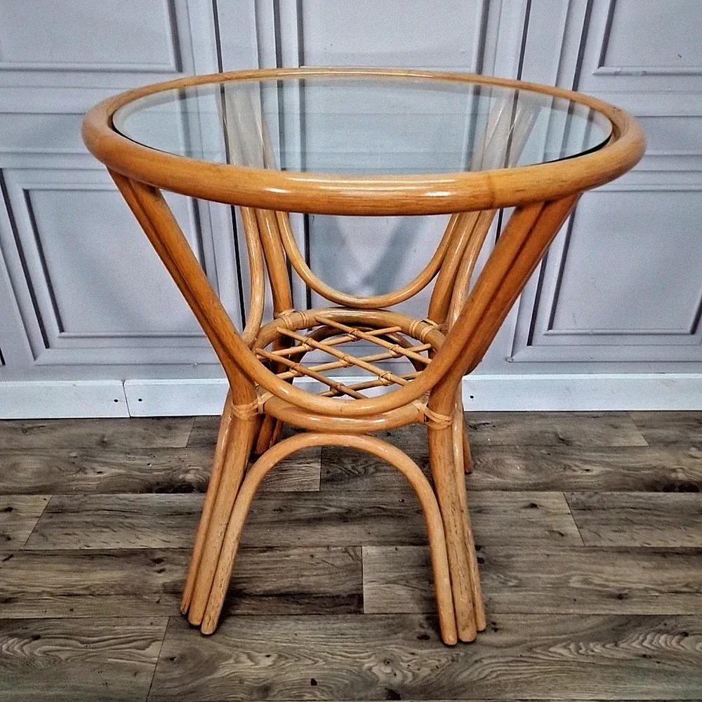 Retro Rattan Beistelltisch - Glasplatte Bistro - Garten Mid Century Vintage