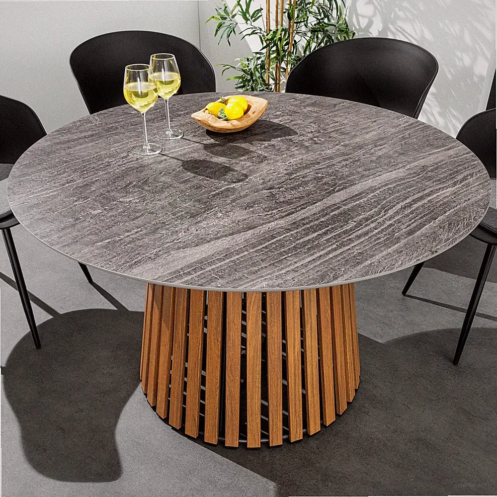Runder Esstisch VALHALLA 115cm Keramik Lamellen-Design In- & Outdoor Gartentisch