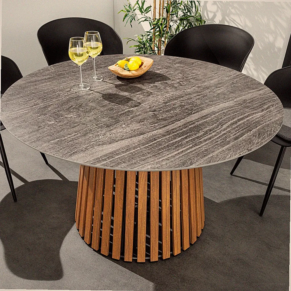 Runder Esstisch VALHALLA 115cm Keramik Lamellen-Design In- & Outdoor Gartentisch