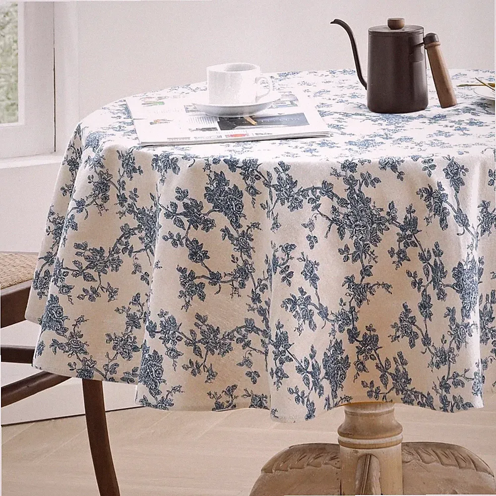 Rustikale Blume Rundtischdecke Baumwolle Leinen Vintage Indoor Outdoor 140cm