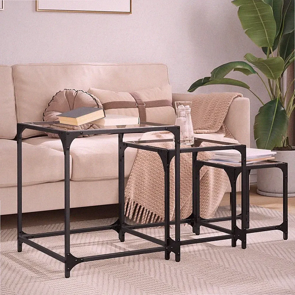 Satz Couchtische 3 Stück mit Glasplatte Stahl
