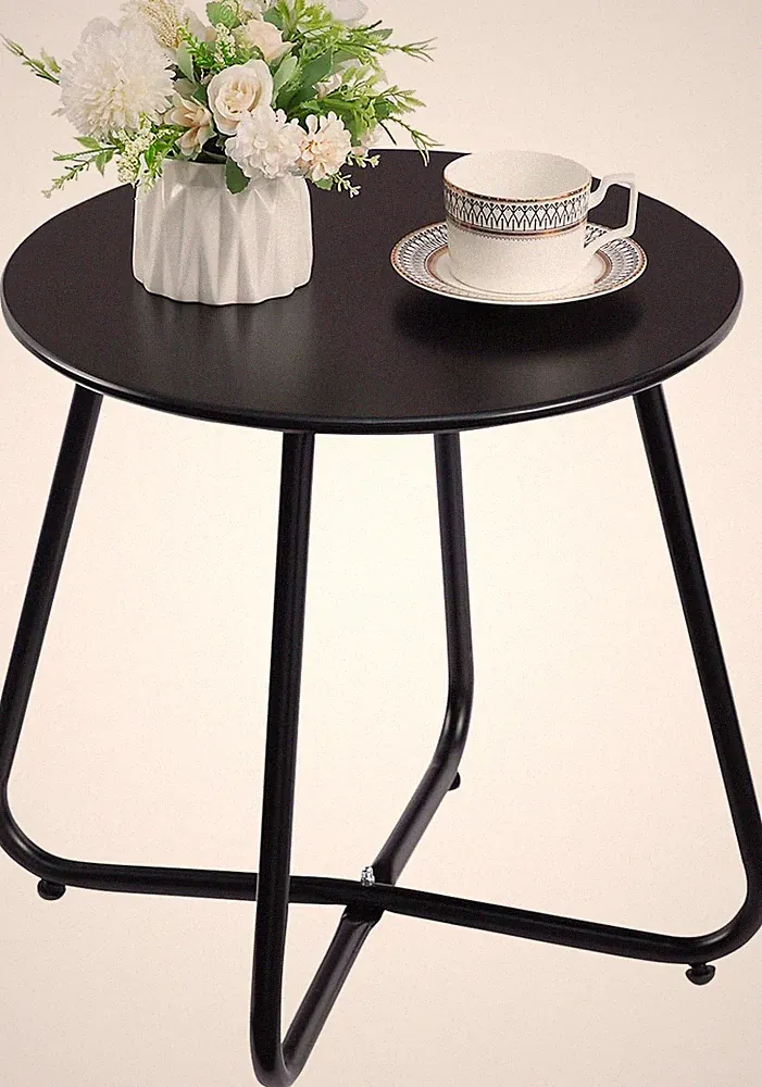 Schwarz Metall Beistelltisch Outdoor Rund Wetterfest - Moderner Gartentisch f...