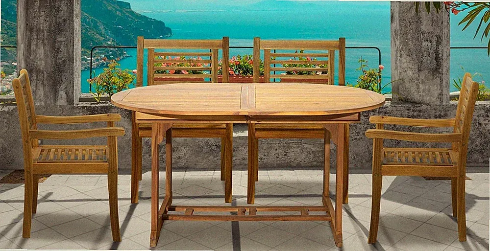 Sitzgruppe 5-tlg Akazie Natur 1 Ausziehtisch, 4 Stühle Gartenmöbelgruppe Outdoor