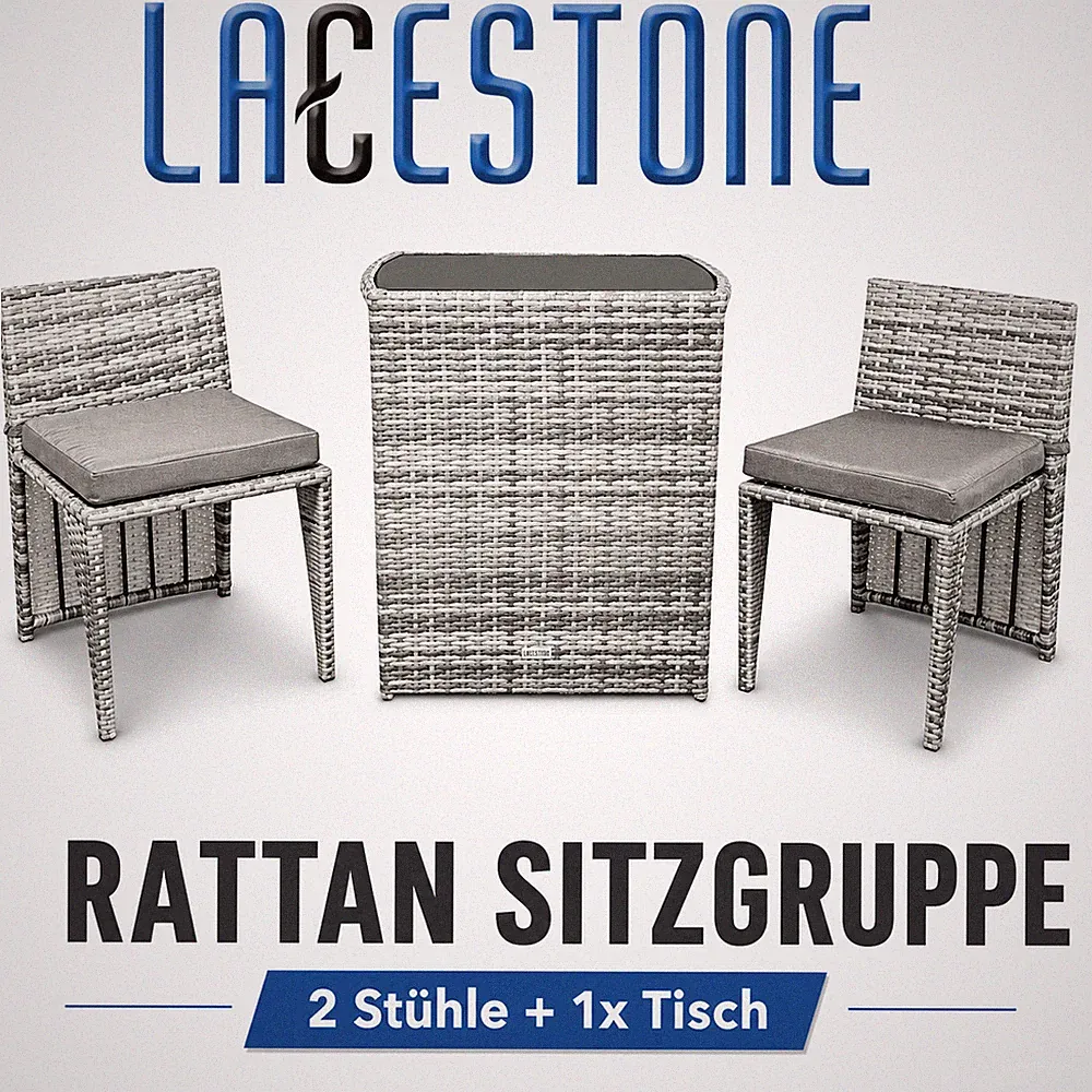 Sitzgruppe Terrassenmöbel Balkonmöbel für Garten Rattan 3tlg Grau LACESTONE