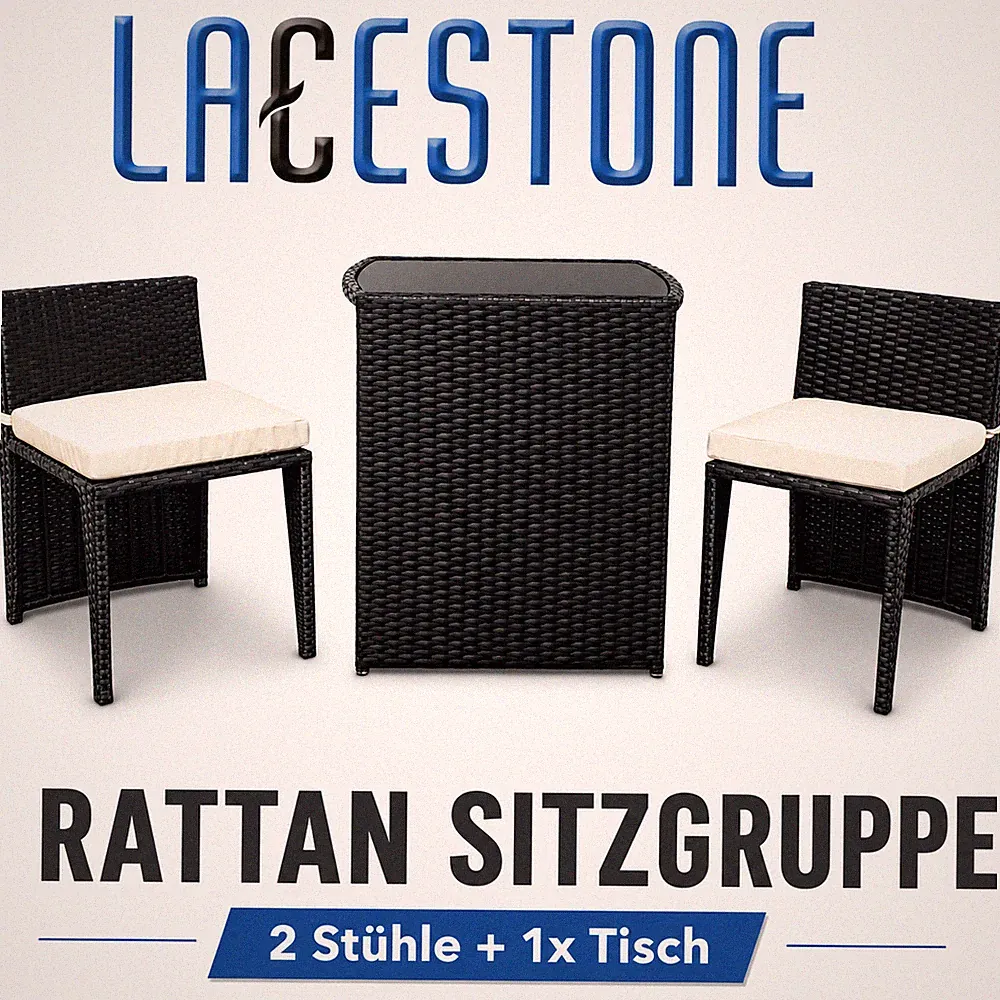 Sitzgruppe Terrassenmöbel Balkonmöbel für Garten Rattan 3tlg Schwarz LACESTONE