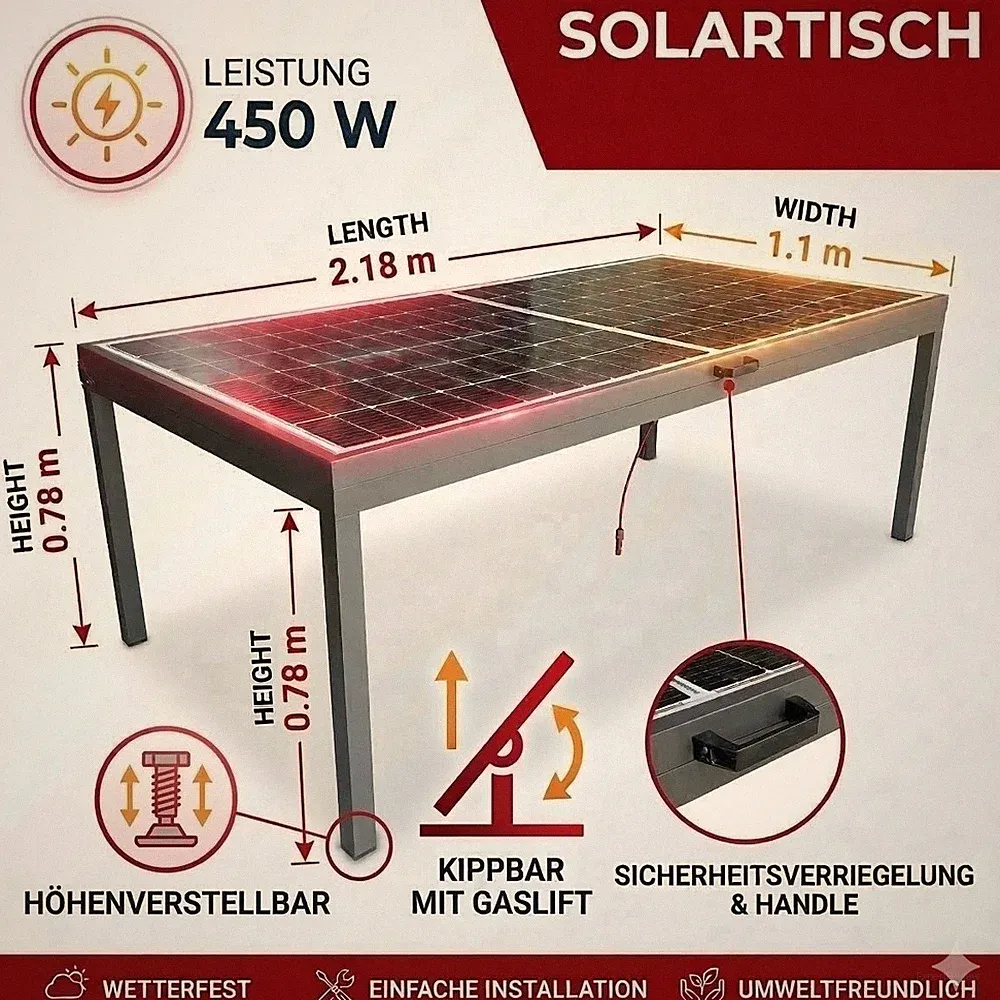 Solartisch Balkonsolar Esstisch Garten Ständer Solar Tisch 450 W 6 Personen Alu