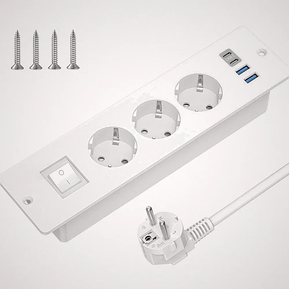Steckdosenleiste mit USB C, 3 Fach, Schalter, 2m Kabel, Weiß, Tischsteckdose