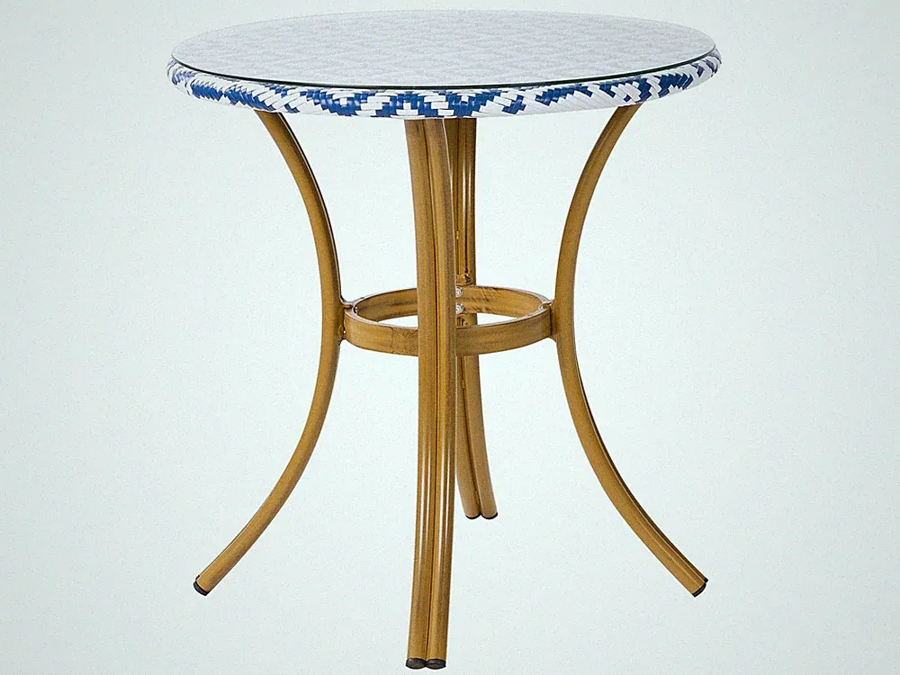 Stilvoller Gartentisch Rattan blau und weiß rund Rifreddo