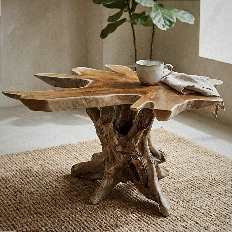 Teak Baumscheibe Couchtisch Beistelltisch Wurzelstamm Fuß Massivholz Unikat neu