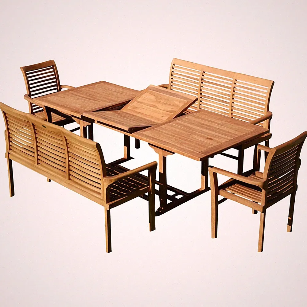 TEAK Gartengarnitur Ausziehtisch 150-210cm x 90cm, 2 Alpen Sessel, 2 Bänke 150cm