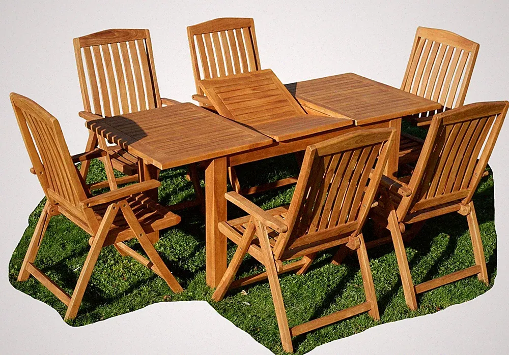 TEAK Gartengarnitur Bigfuss Ausziehtisch 130-180x80 cm + 6 Tobago Hochlehner