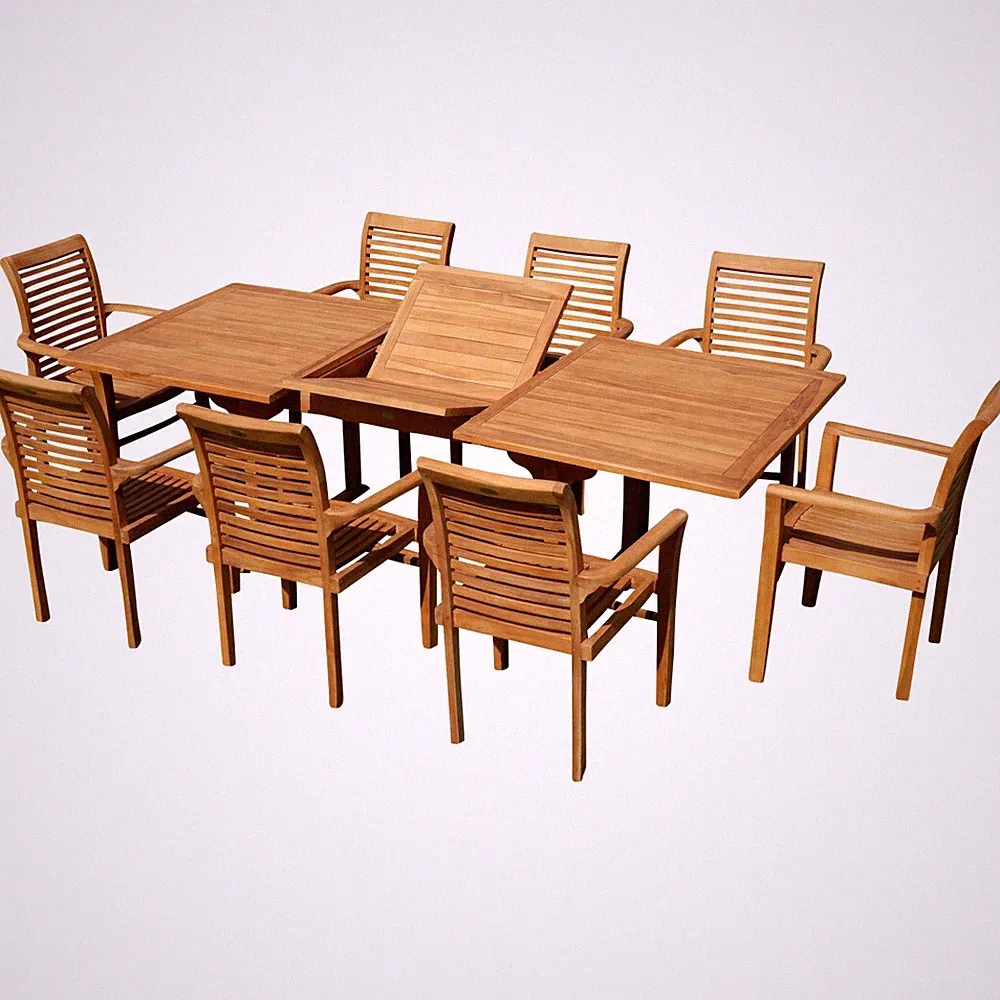 Teak Gartengarnitur Tobago Tisch 180-240 x 100cm + 8 Alpen Sessel Holz JAV