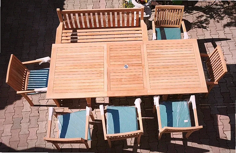 Teak Möbelset, Tisch ausziehbar, 6 Stühle, Bank, Gartenmöbel, neu