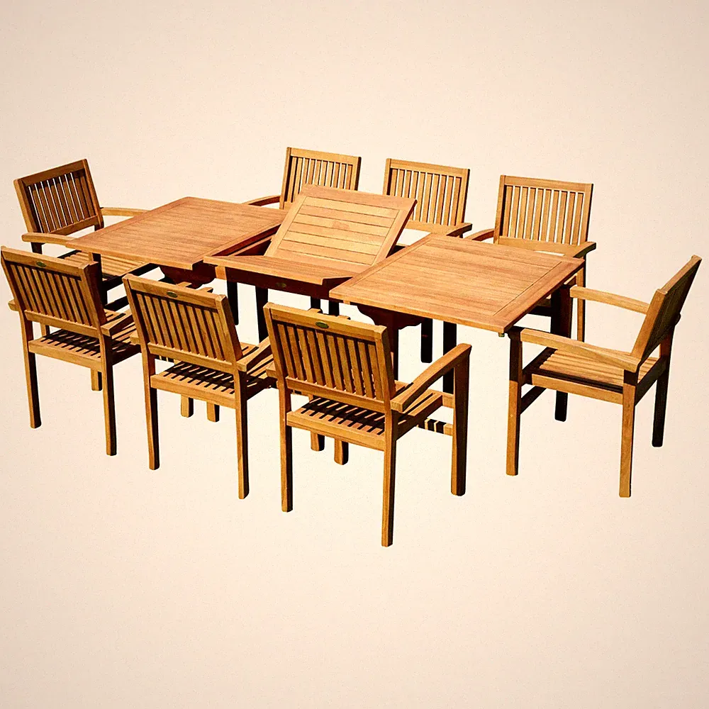 TEAK Set 9-tlg. Gartengarnitur Ausziehtisch 150-210cm x 90cm + 8 Stapel Sessel