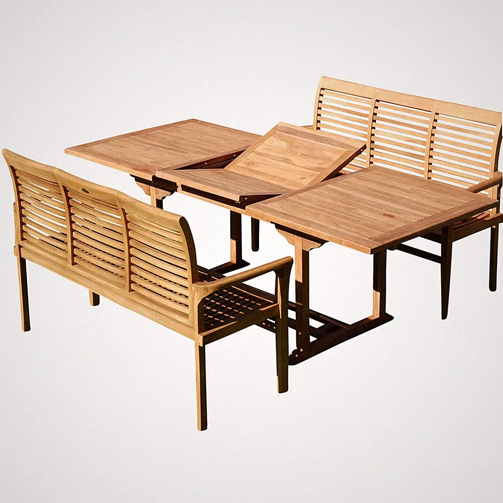 TEAK Set Gartengarnitur Ausziehtisch 150-210cm x 90cm + 2 Bänke 150cm Holz JAV