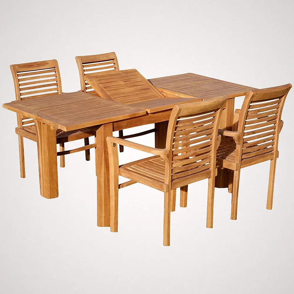 TEAK SET Gartengarnitur Bigfuss Ausziehtisch 130-180x80 + 4 stapelbare Sessel