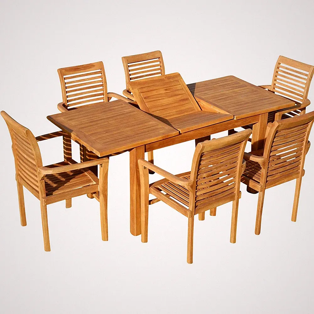 TEAK SET Gartengarnitur Bigfuss Ausziehtisch 130-180x80 + 6 stapelbare Sessel