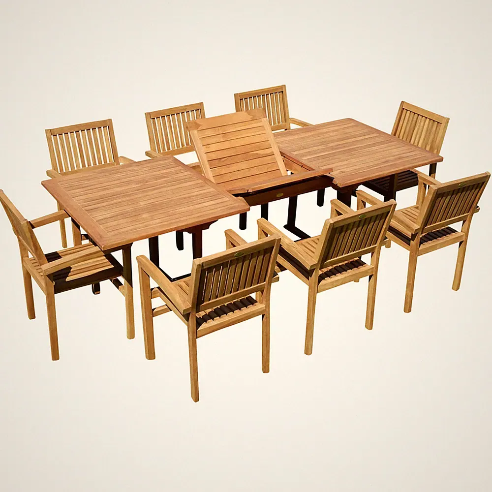 TEAK SET Gartengarnitur Gartentisch 180-240x100 cm + 8 Miami Sessel stapelbar