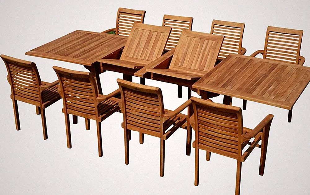 TEAK SET: Gartengarnitur Tobago Tisch 200/250/300cm x 90cm + 8 Alpen Sessel JAV