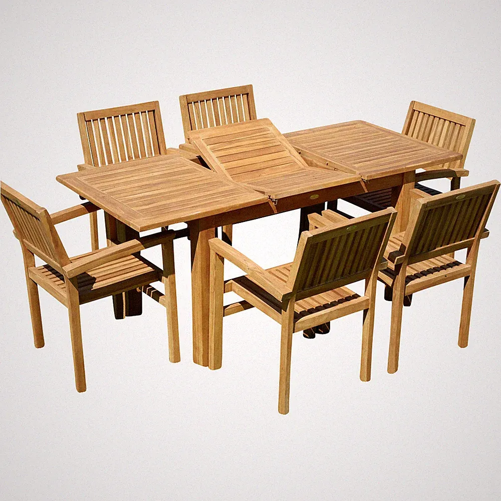 TEAKHOLZ SET Gartengarnitur Gartentisch 130-180x80cm + 6 Miami Sessel stapelbar