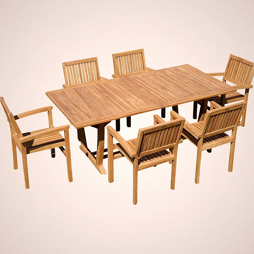 TEAKHOLZ SET Gartengarnitur Gartentisch 300x100 cm + 6 Miami Sessel stapelbar