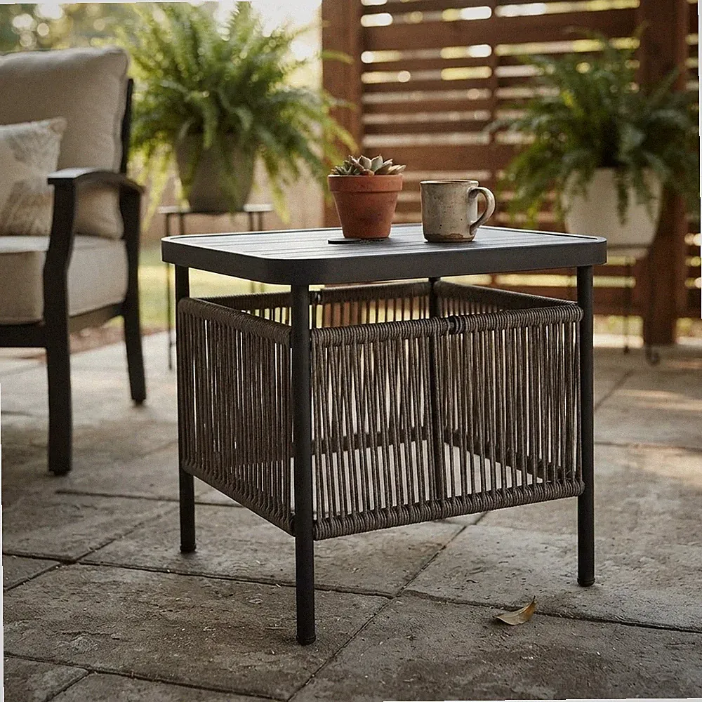 Terrassen Rattan Beistelltisch Schwarz Grau Eckig Outdoor Couchtisch mit Schirm...