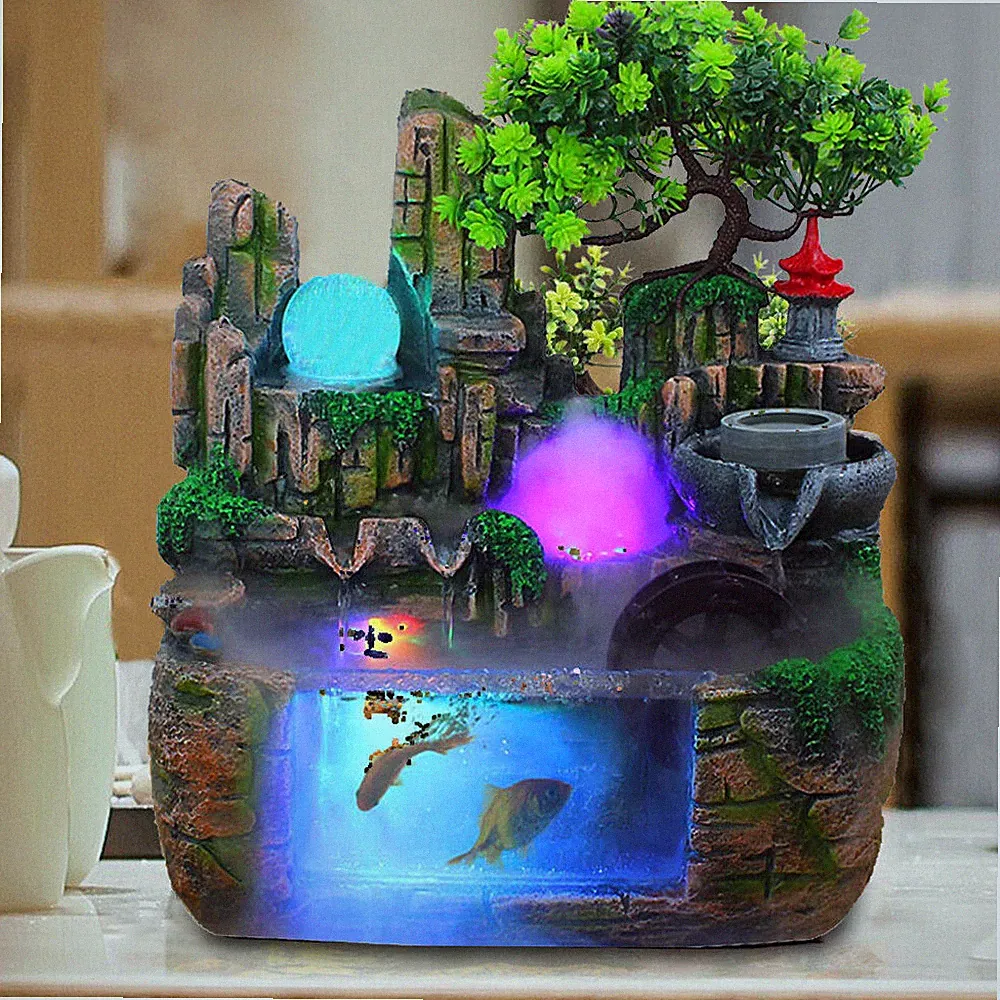 Tisch Zimmerbrunnen Springbrunnen Garten Brunnen mit LED Beleuchtung Pflanze NEU