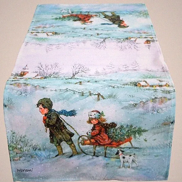 Tischdecke 40*90 Weihnachten Advent Tischtuch Mitteldecke Kinder Schlitten 648