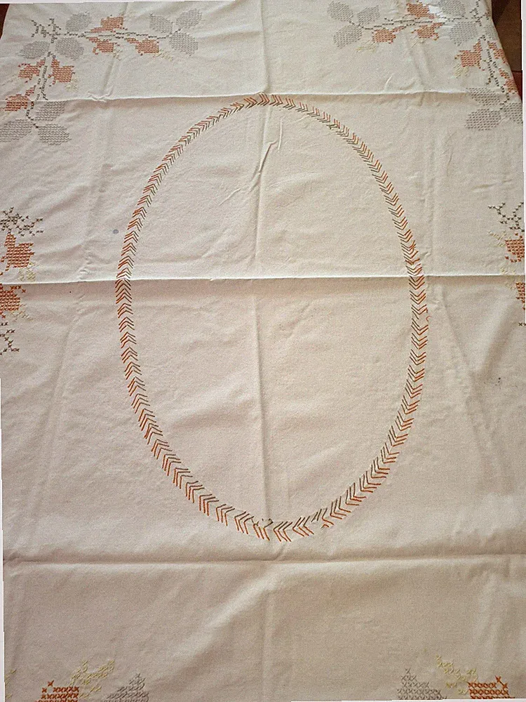 Tischdecke Kreuzstich orange grau braun gelb Halbleinen Art Deco Handarbeit alt