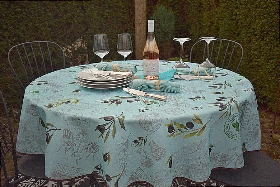Tischdecke Provence 160 cm rund türkis mit Olivenmotiv aus Frankreich bügelfrei