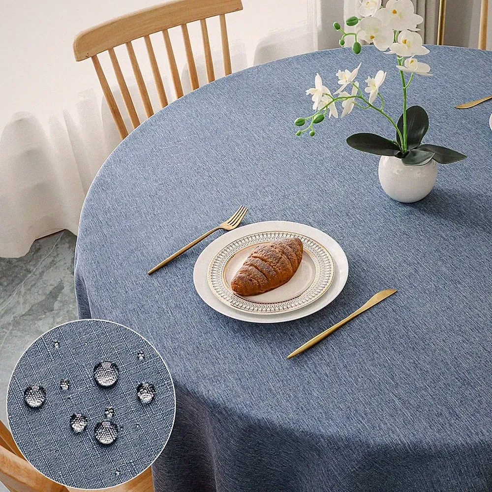 Tischdecke rund 140cm Blau Wasserabweisend Kratzfest Leinenoptik