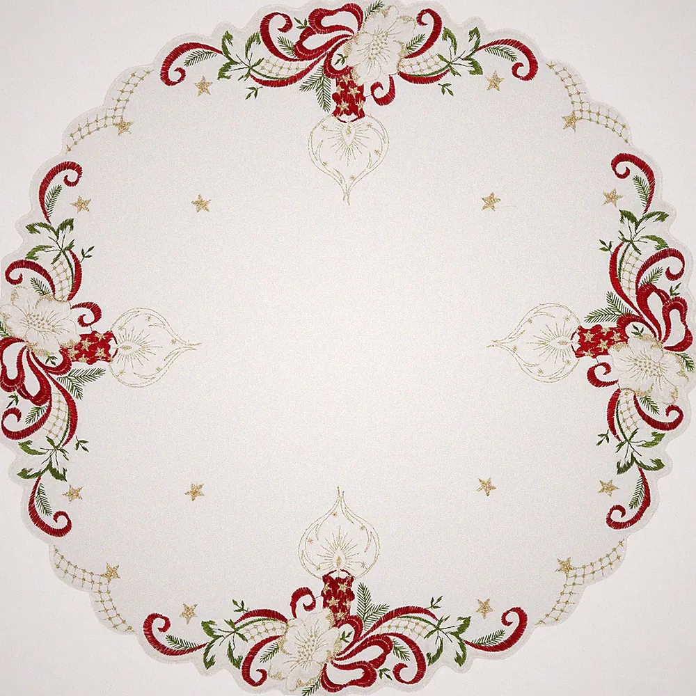 Tischdecke Weihnachten Plauener Spitze Rund 52 cm Mitteldecke Stickerei Rot Gold